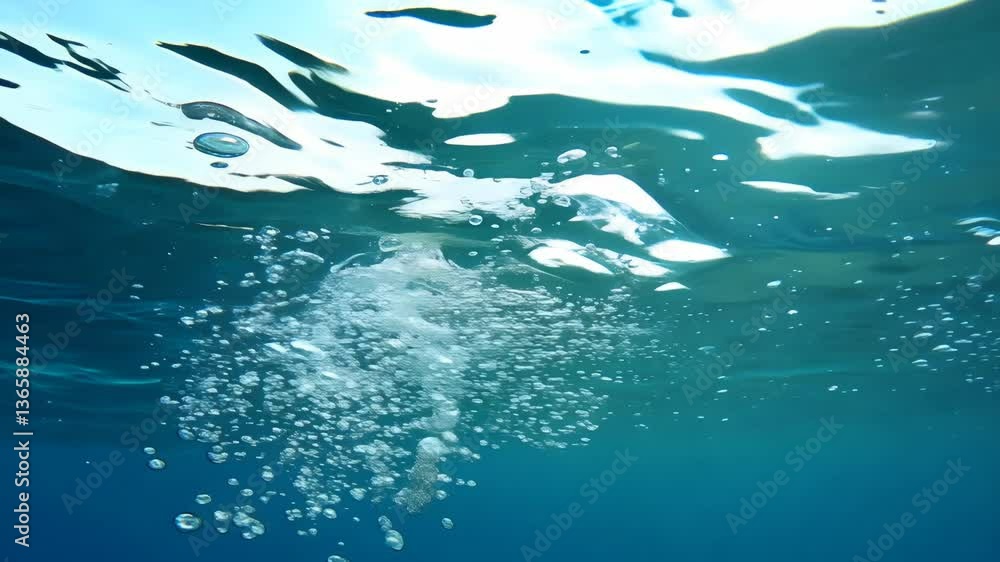 Poster a clear blue ocean with many bubbles. the bubbles are scattered throughout the water. the water is c