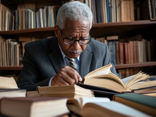 Sophisticated man studying books intently in a vintage library setting filled with history and knowledge