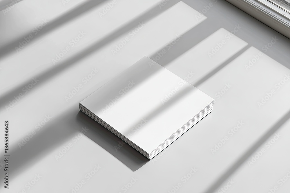 Poster square white paper stack on grey surface with window shadow overlay mockup