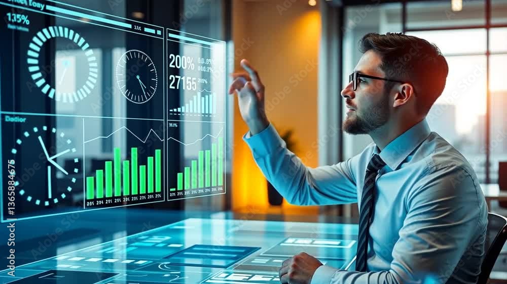 Poster man navigating virtual interface for data visualization and analysis in futuristic office setting fo