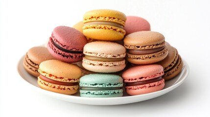 Obraz premium Colorful assorted macarons on a white plate, isolated on white background, vibrant and elegant