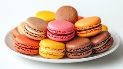 Obraz premium Colorful assorted macarons on a white plate, isolated on white background, vibrant and elegant