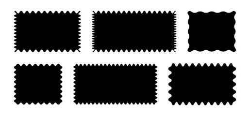 Rectangular flat shapes patterns with squiggly borders set. Doodle wave curve edge frames mockup. Minimalist tag, empty text box, label, stamp, cracker, coupon with curvy, squiggly, wiggly, wavy edges