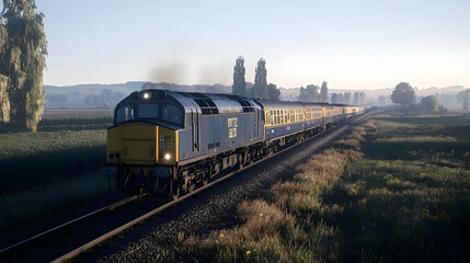 Fototapeta premium Diesel Train On Railway Tracks Through Lush Green Field Under Sunny Sky During Daytime