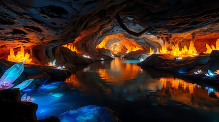 A glowing underground river winds through a vast cavern, illuminated by bioluminescent plants and crystals. The tranquil scene feels like a hidden wonder beneath the earth. Created with generative AI