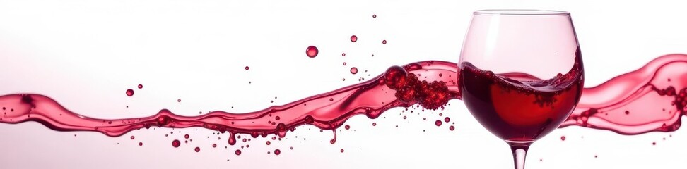 Crimson wine streams into a clear glass, white backdrop , refreshment, crystal, vine