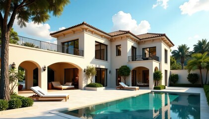 Fototapeta premium Elegant beige villa, large windows, courtyard, stone accents , windows, home