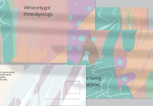 Postcard Layout with Hand Drawn Abstract Brush Strokes and Floral Elements