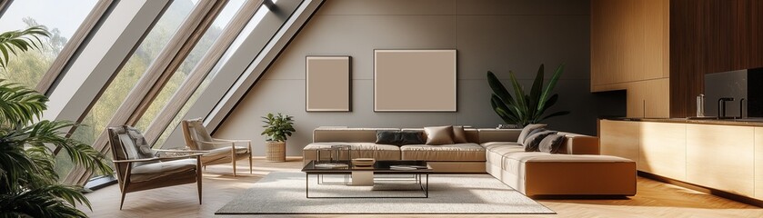A modern minimalist attic living room.