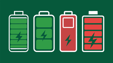 Battery Charge Icons Set, Featuring Full and Empty Battery Indicators, Flashing Green or Red with Lightning Symbols for Charging, Power Indicators, Energy and Electricity Concepts, Modern Vector Illus