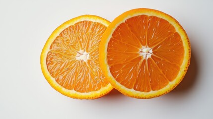 A fresh orange sliced in half, isolated on a white background, bright and vibrant