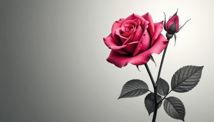 Single rose, stem, leaves, black & white line art, silhouette, bloom