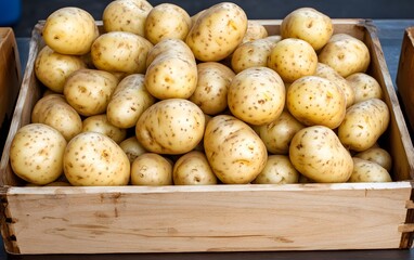 Fresh Yellow Potatoes in Wooden Crate, Organic Farm Produce,  Healthy Food, Vegetable Harvest
