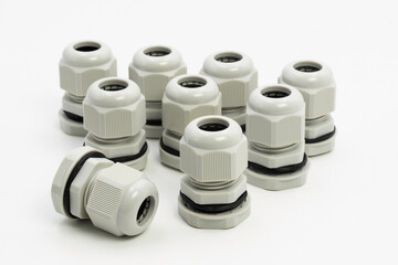 Multiple cable glands for waterproof electrical wiring applications isolated on white background