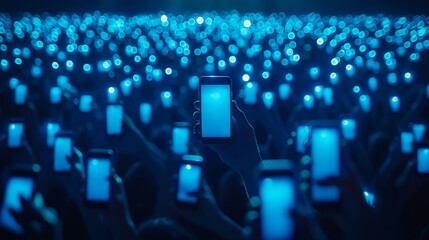 Obraz premium Hands hold up smartphones glowing with blue light, capturing the excitement of a night event filled with anticipation