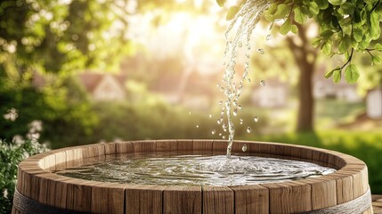 Wooden barrel filled with water, sunlight streams through trees