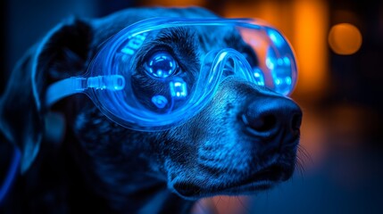 A clever dog wears high-tech blue goggles, showcasing stylish advancements in pet wellness and safety