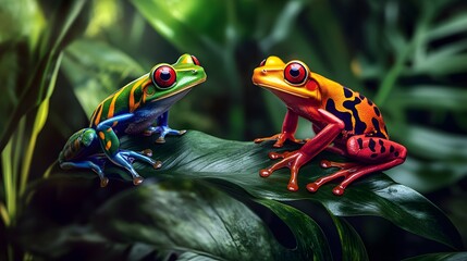 Naklejka premium A lush rainforest with brightly colored frogs sitting on leaves