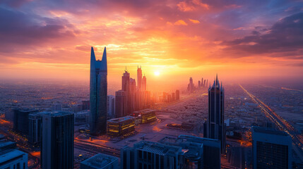 Riyadh, Saudi Arabia â€“ February 22, 2023: The King Abdullah Financial District (KAFD) bathed in a warm sunset glow
