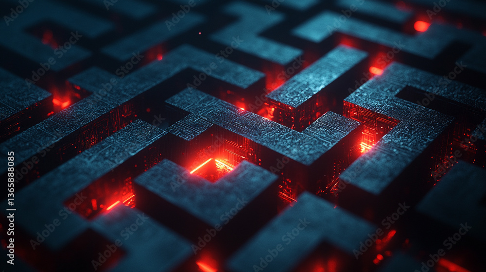 Poster an abstract digital maze pattern symbolizing an ethical dilemma, with interconnected circuit element