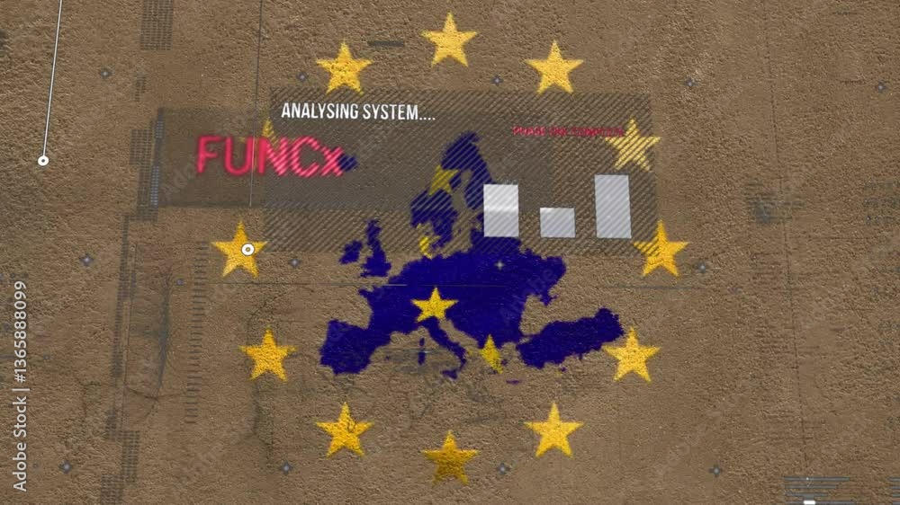 Poster european map with stars and data analysis animation over textured background