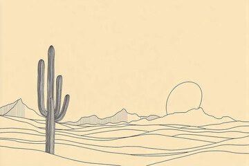 A minimalist line drawing of a desert landscape with a cactus and mountains at sunset time