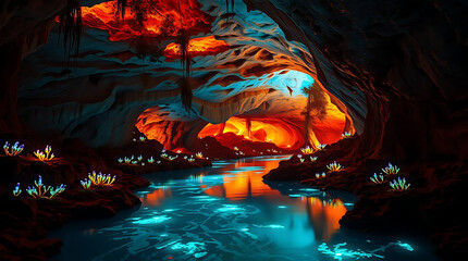 Fototapeta premium A glowing underground river winds through a vast cavern, illuminated by bioluminescent plants and crystals. The tranquil scene feels like a hidden wonder beneath the earth. Created with generative AI