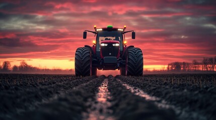 Obraz premium A large autonomous tractor with AI navigation plowing a lush rice field at sunrise