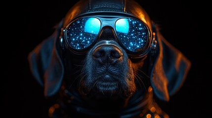 A stylish dog wearing sunglasses is immersed in a cosmic view, showcasing a sense of adventure and curiosity