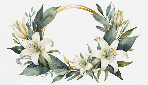 Elegant floral wreath featuring white lilies and green leaves, perfect for invitations or decor. design includes delicate foliage and subtle gold accent, creating serene and sophisticated