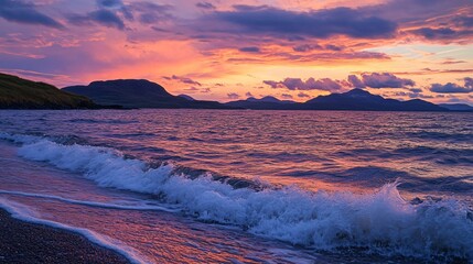Fototapeta premium Ocean sunset waves coastal area nature image serene environment wide angle view tranquility concept