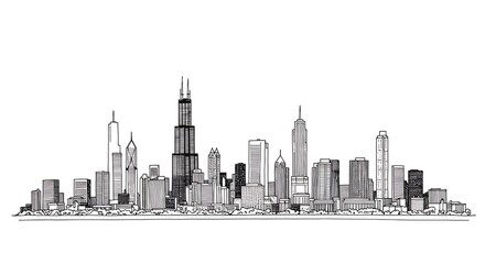 Fototapeta premium Drawing of City Skyline with Tall Buildings and Urban Environment