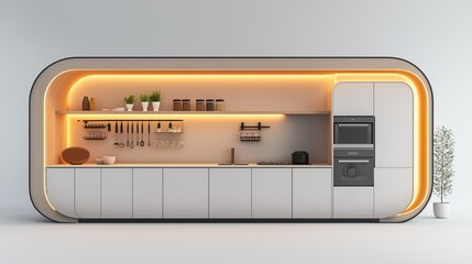 A sleek kitchen counter design with curved lines and integrated appliances.