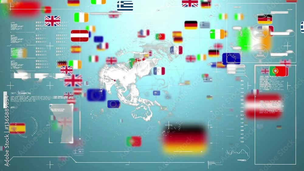 Poster flags of various countries floating over digital world map animation