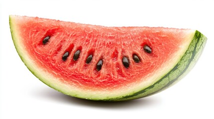 A fresh, juicy watermelon slice with seeds, isolated on a white background