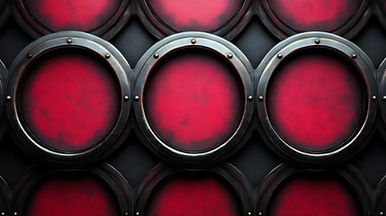 Metal and red circular elements are arranged in a structured pattern