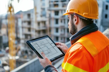 civil engineer or architect with hardhat on construction site checking schedule on tablet computer