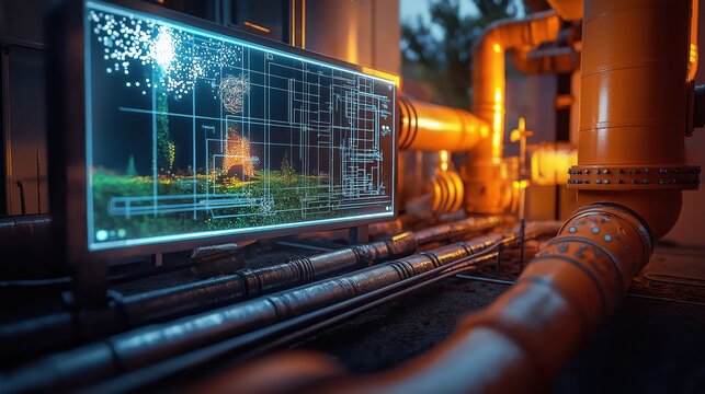AI-powered geothermal energy plant, real-time holographic tracking of underground heat extraction, efficiency monitoring, and sustainability data