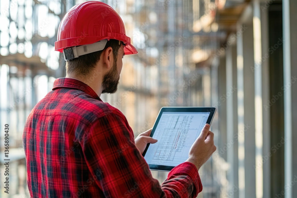 Aufkleber civil engineer or architect with hardhat on construction site checking schedule on tablet computer