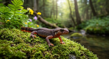 Obraz premium Rough-skinned Newt on Mossy Log Near Stream in Forest Habitat 