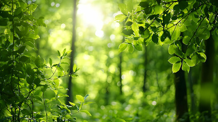 Fototapeta premium Lush Green Forest Canopy Illuminated By Bright Sunlight Creating Atmospheric Abstract Background