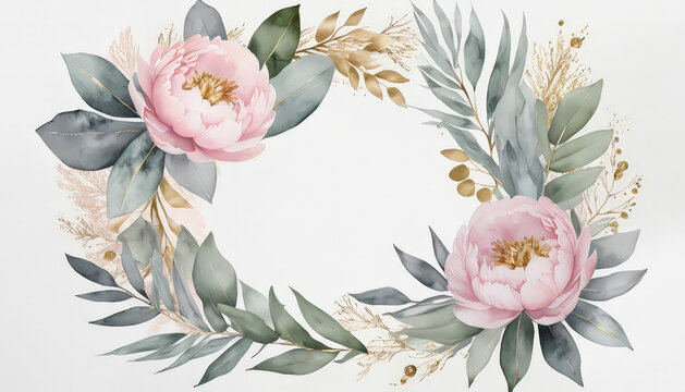 beautiful floral arrangement featuring soft pink peonies and lush green leaves, creating elegant and serene atmosphere perfect for invitations or decor
