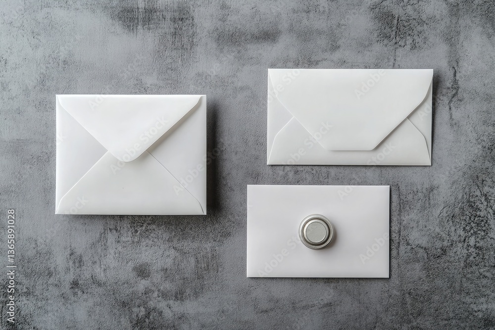 Poster top view white envelopes and silver button on textured gray background stylish layout