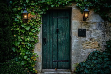 Fototapeta premium Old house with lush ivy and green rustic door. Perfect for blog banners, editorial stories, nature retreats, secret hideaways, and slow lifestyle visuals.