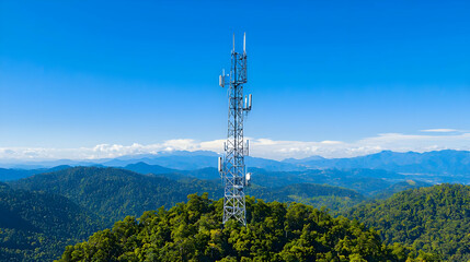 Obraz premium Tall Communication Tower Antenna Standing Above Lush Green Forest Under Clear Blue Sky