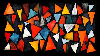 Colorful Geometric Triangles Abstract Art Piece Painted On Black
