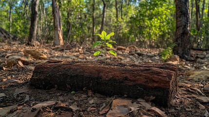 Fototapeta premium Young sprout emerging from fallen log in forest (1)