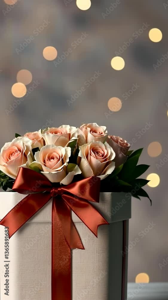 Poster beautiful bouquet of roses in elegant gift box with warm bokeh lights in the background creating a r