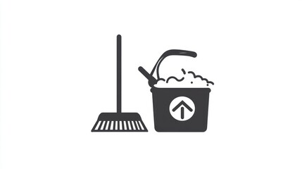 Fototapeta premium Cleaning supplies broom and soapy bucket, ready for housework