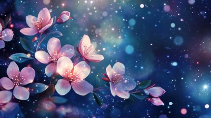 Night Blooming Flowers, Sparkling Background, Dreamy Scene, Ideal for Desktop Wallpaper